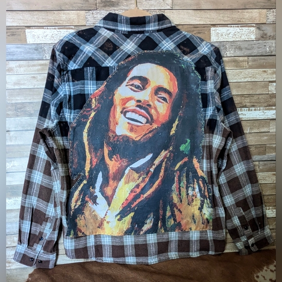 Bob Marley Upcycled Dip Dye Bleach Flannel Shirt - Picture 1 of 13